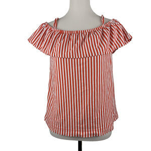 J.Crew Womens M Orange White Stripe Off Shoulder Top Ruffle Cotton Coastal